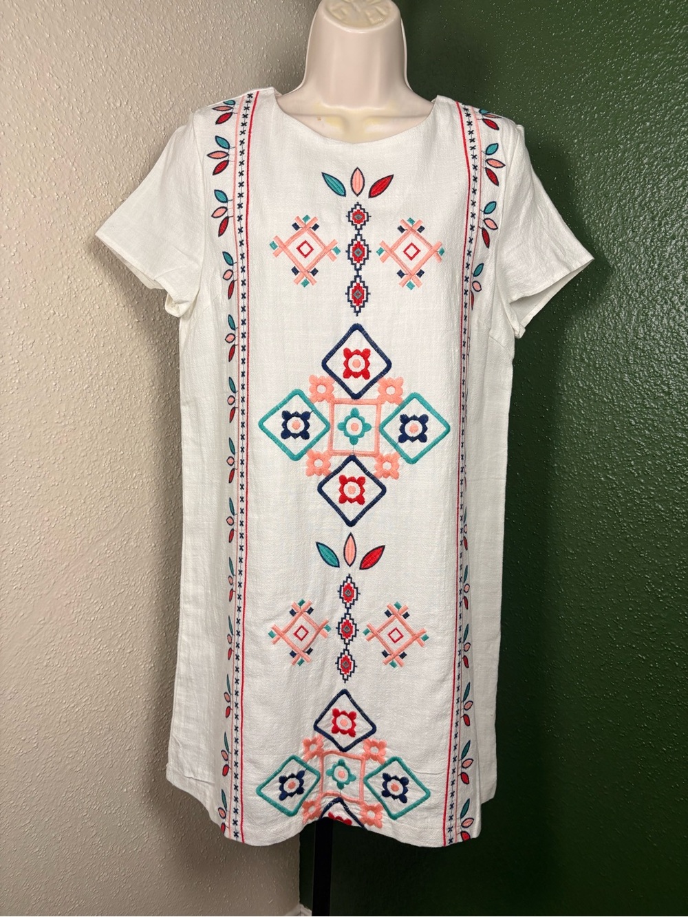 Hayden White Shift Dress with Coral, Teal & Navy Embroidery small